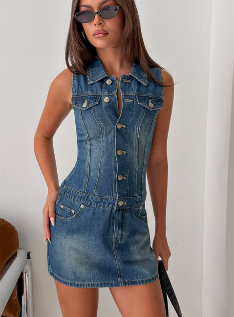Divinitee Denim Button Down Mini Dress Blue