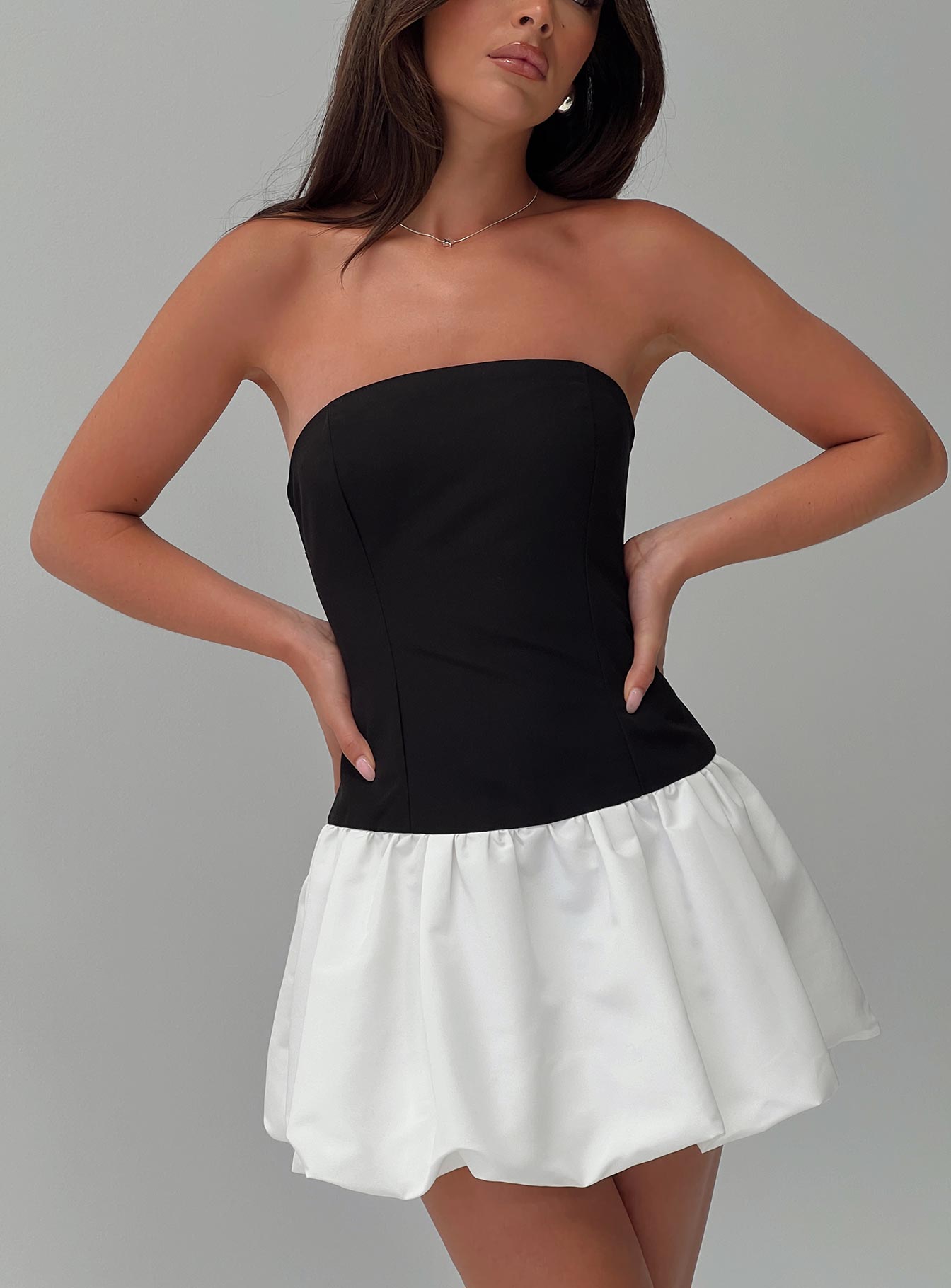 Delicacies Bubble Hem Mini Dress Black / White | Princess Polly Delicacies Bubble Hem Mini Dress Black / White | Princess Polly