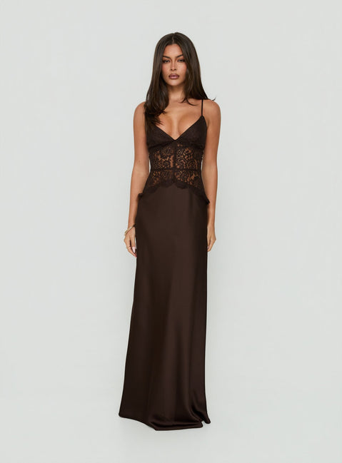Kylenn Lace Panel Satin Maxi Dress Chocolate