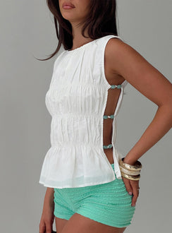back view of model wearing Princess Polly Read My Soul Bead Detail Top White Sleeveless Boat Neck 