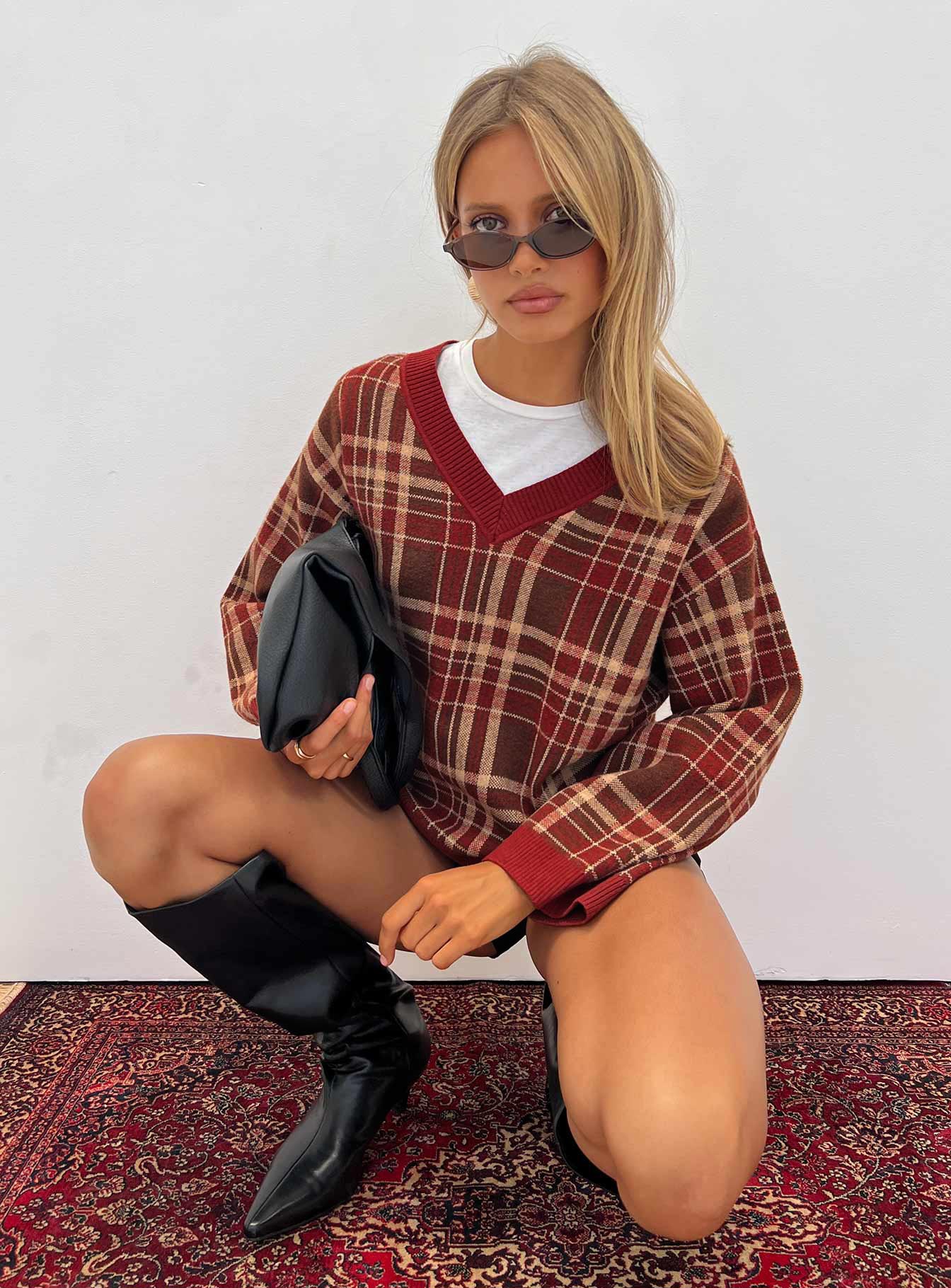 back view of model wearing Princess Polly Sydda V Neck Knit Sweater Red Plaid Cropped Jumpers 