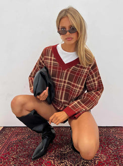 back view of model wearing Princess Polly Sydda V Neck Knit Sweater Red Plaid Cropped Jumpers 
