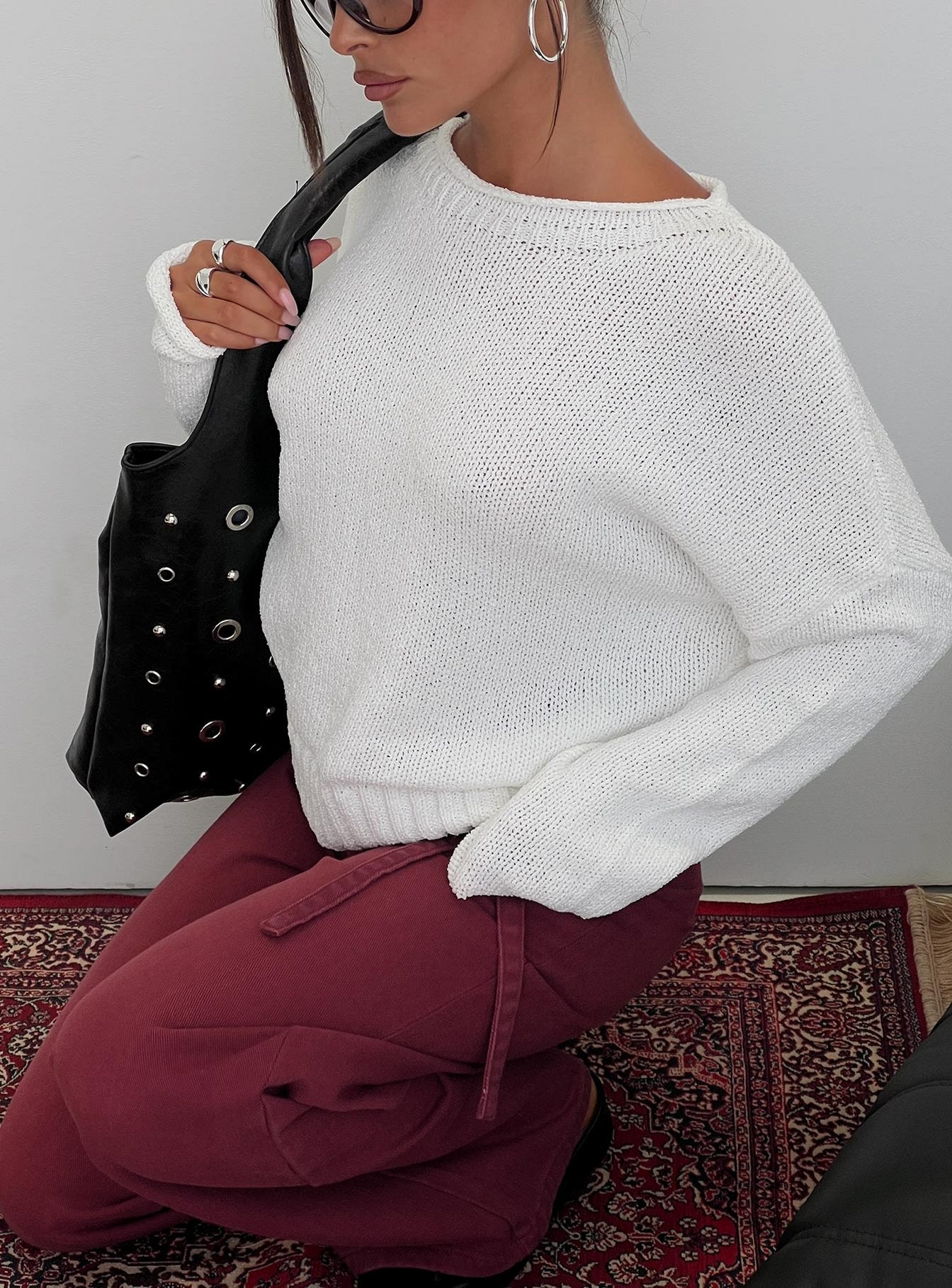 side view of model wearing Princess Polly Reannon Wide Neck Knit Sweater White 