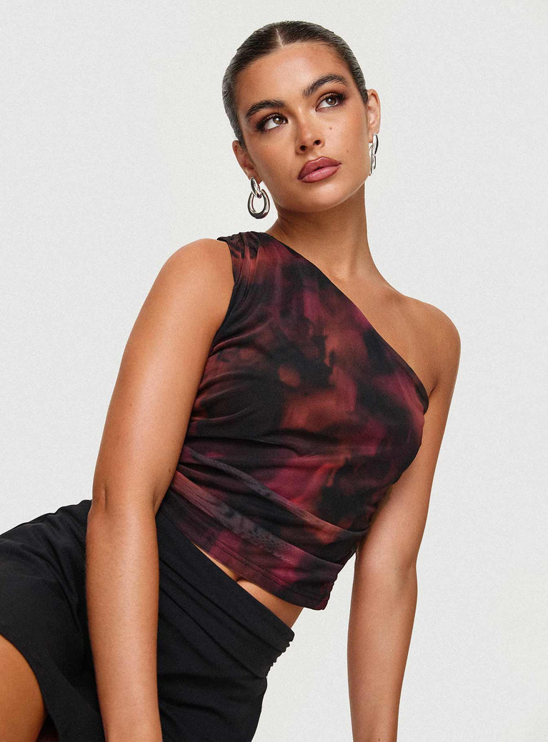 One shoulder top Ruched sides, mesh material, tie dye print Good stretch, unlined  Princess Polly Lower Impact