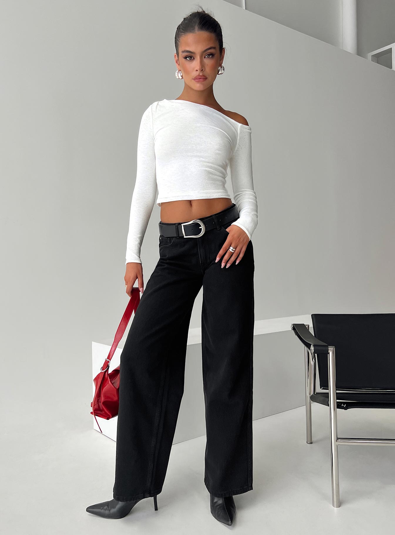 front view of model wearing Princess Polly Maryanne Mid-rise Relaxed Jeans Washed Black Mid Rise 