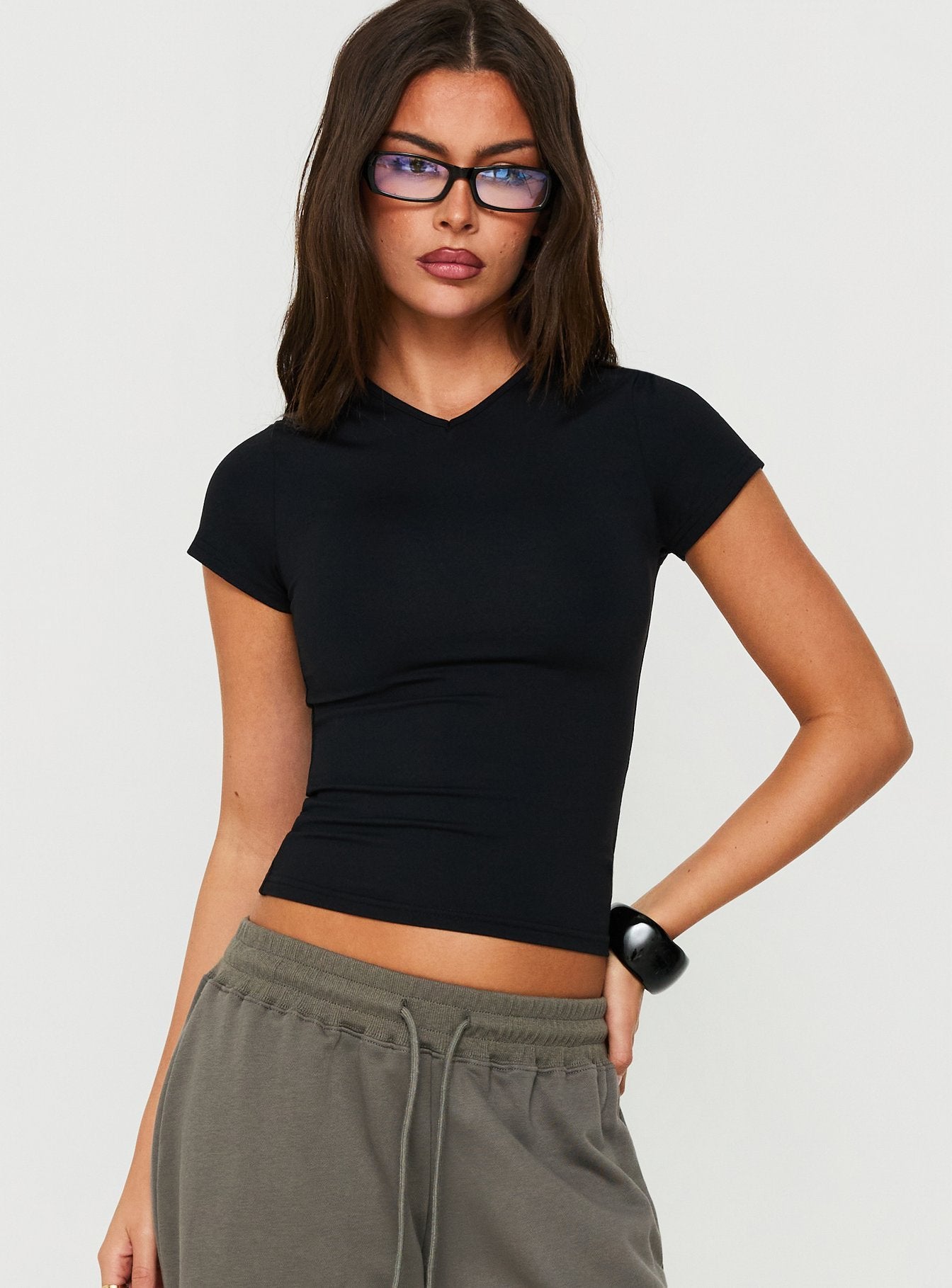 Daily Define High V Neck Short Sleeve Top Black