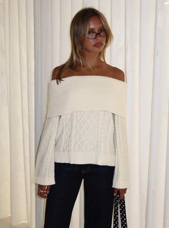 front view of model wearing Princess Polly Margarete Off Shoulder Knit Sweater Cream Longline Jumpers 