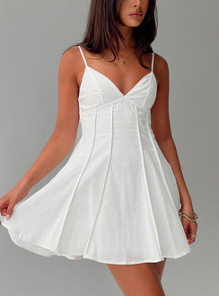 front view of model wearing Princess Polly Libertie Pleat Mini Dress White V-Neck 