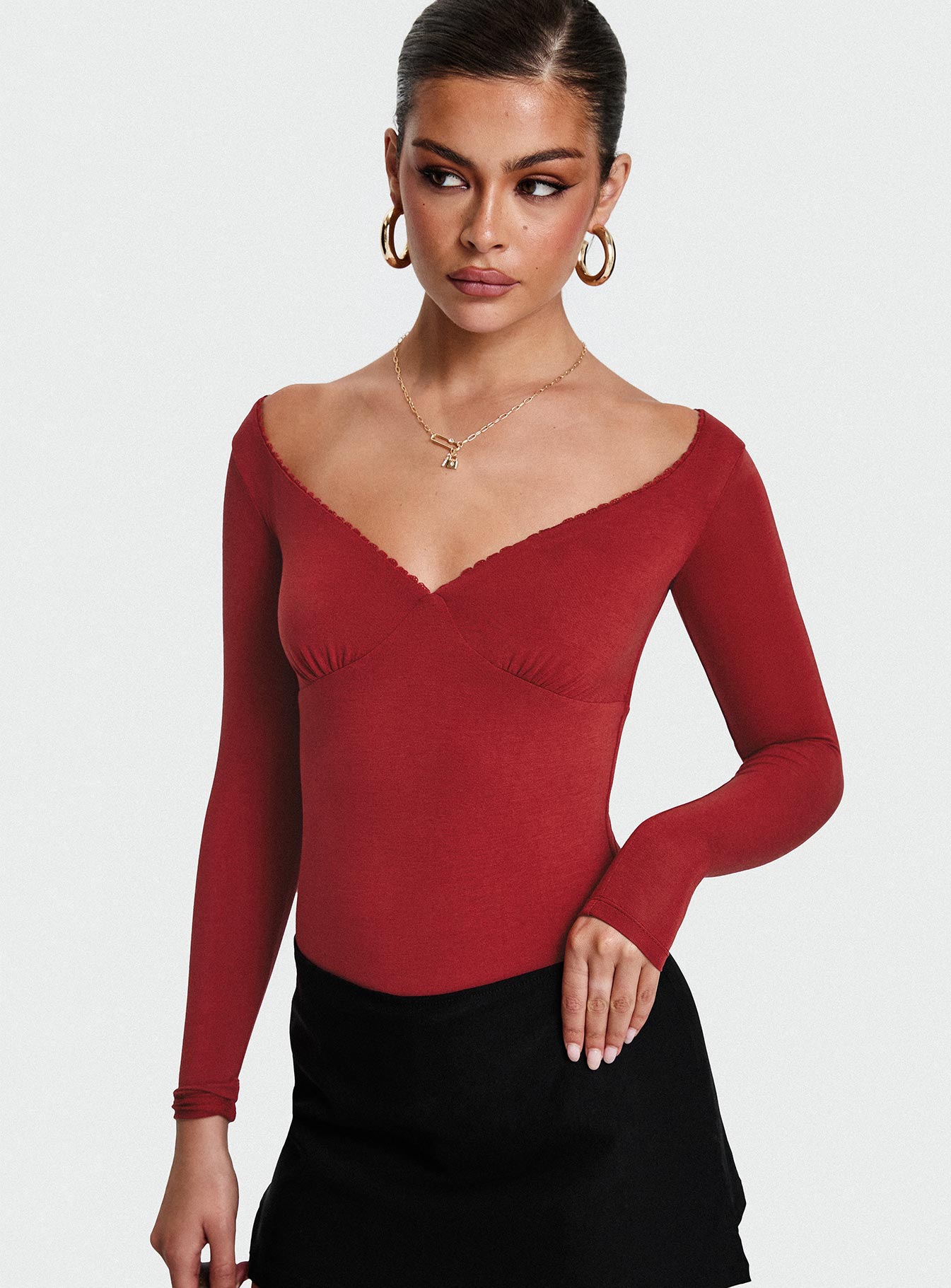 front view of model wearing Princess Polly Loveydove Bodysuit Burgundy Long Sleeve Tops 