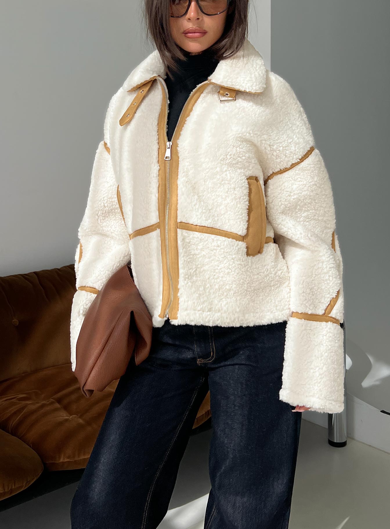 Briane Contrast Teddy Jacket White