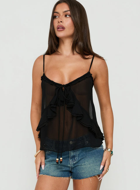 Skinny Dipping Ruffle Sheer Top Black