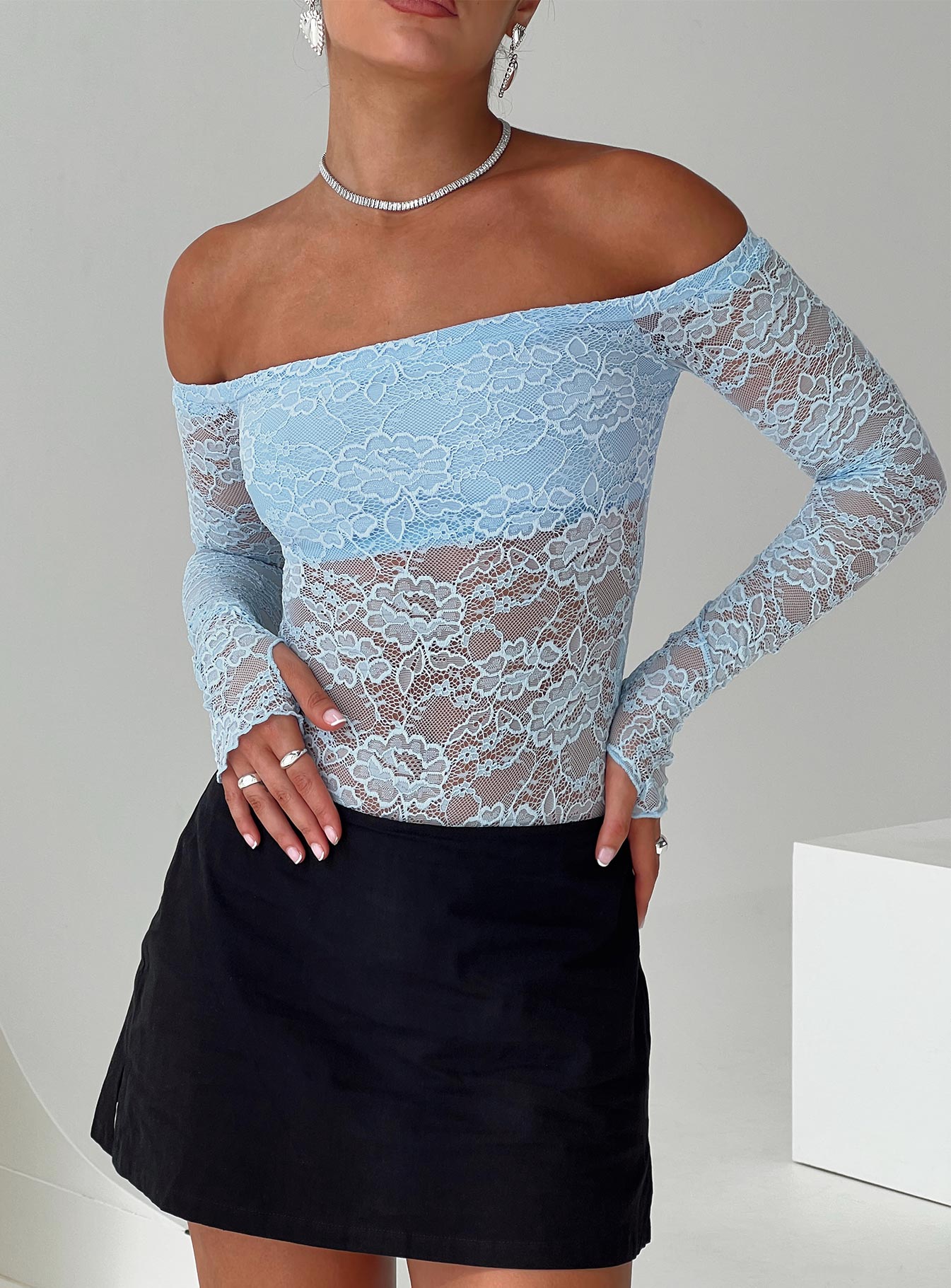 Weaver off shoulder lace bodysuit blue