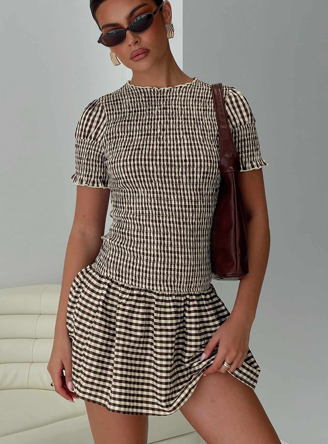 Laurita Shirred Mini Dress Brown Check | Princess Polly Laurita Shirred Mini Dress Brown Check | Princess Polly