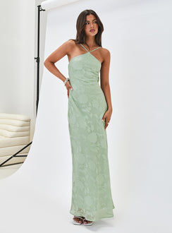 front view of model wearing Princess Polly Zoelle Halter Maxi Dress Sage V-Neck 