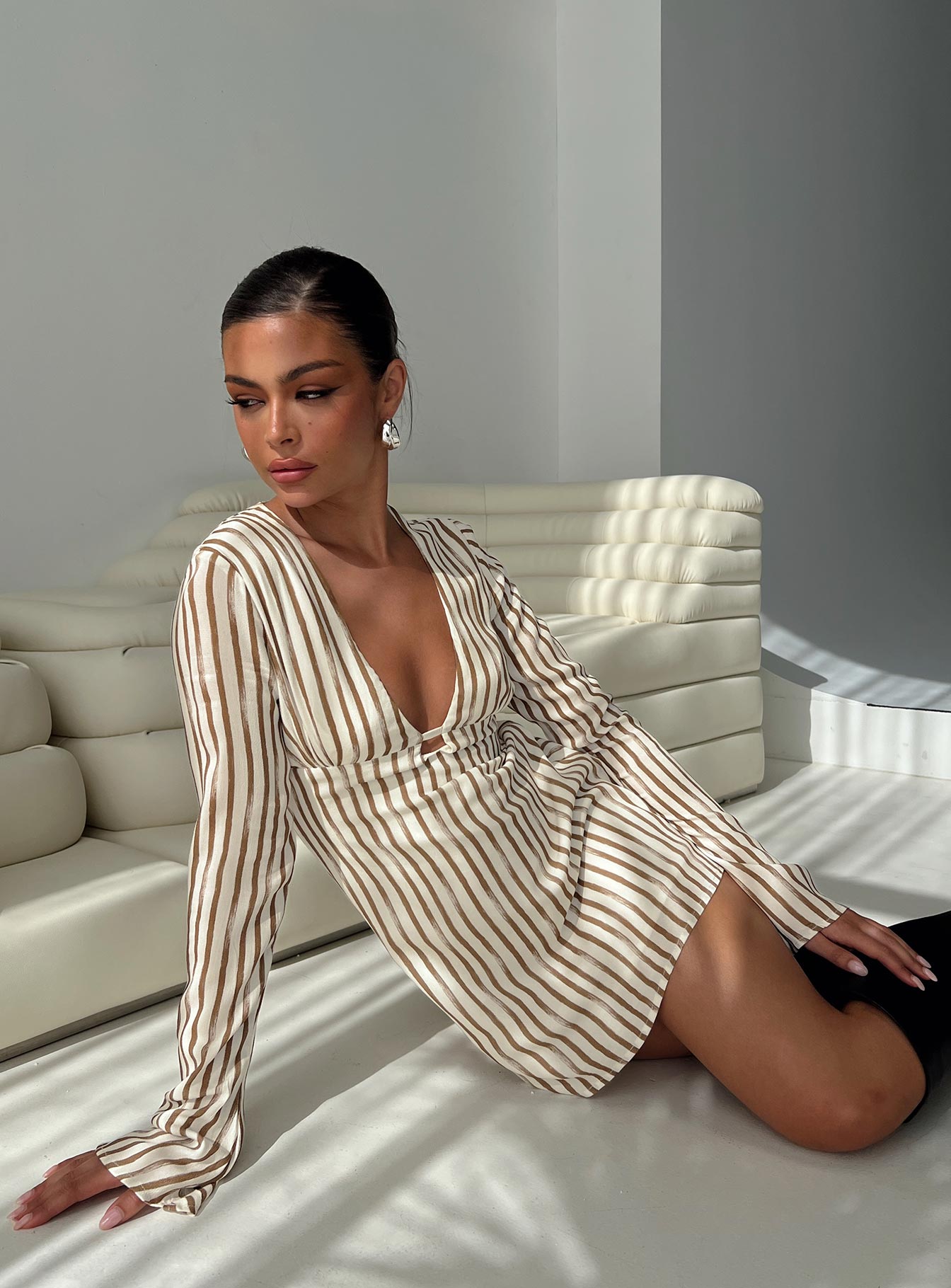 The Good Life Mini Dress Brown / White Stripe | Princess Polly The Good Life Mini Dress Brown / White Stripe | Princess Polly