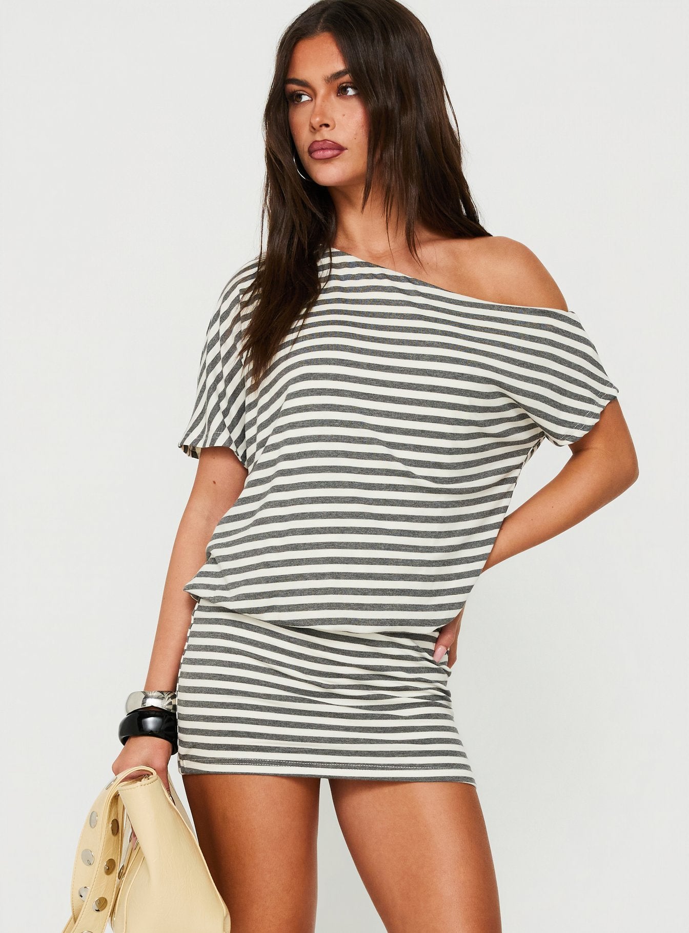 Jamelle Off Shoulder Mini Dress Charcoal / Cream Stripe