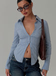 front view of model wearing Princess Polly Madlin Long Sleeve Top Blue Stripe Full Sleeves V-Neck 