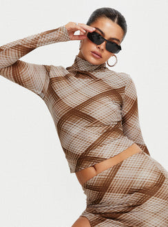 product Princess Polly Full Sleeves High Neck  Another Dreamer Long Sleeve Top Brown Check