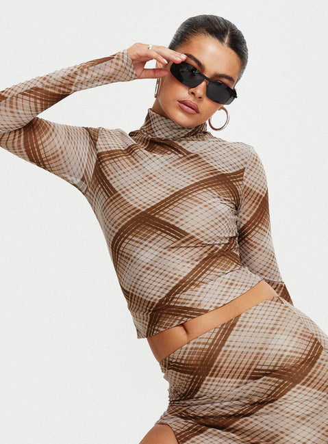 product Princess Polly Full Sleeves High Neck  Another Dreamer Long Sleeve Top Brown Check