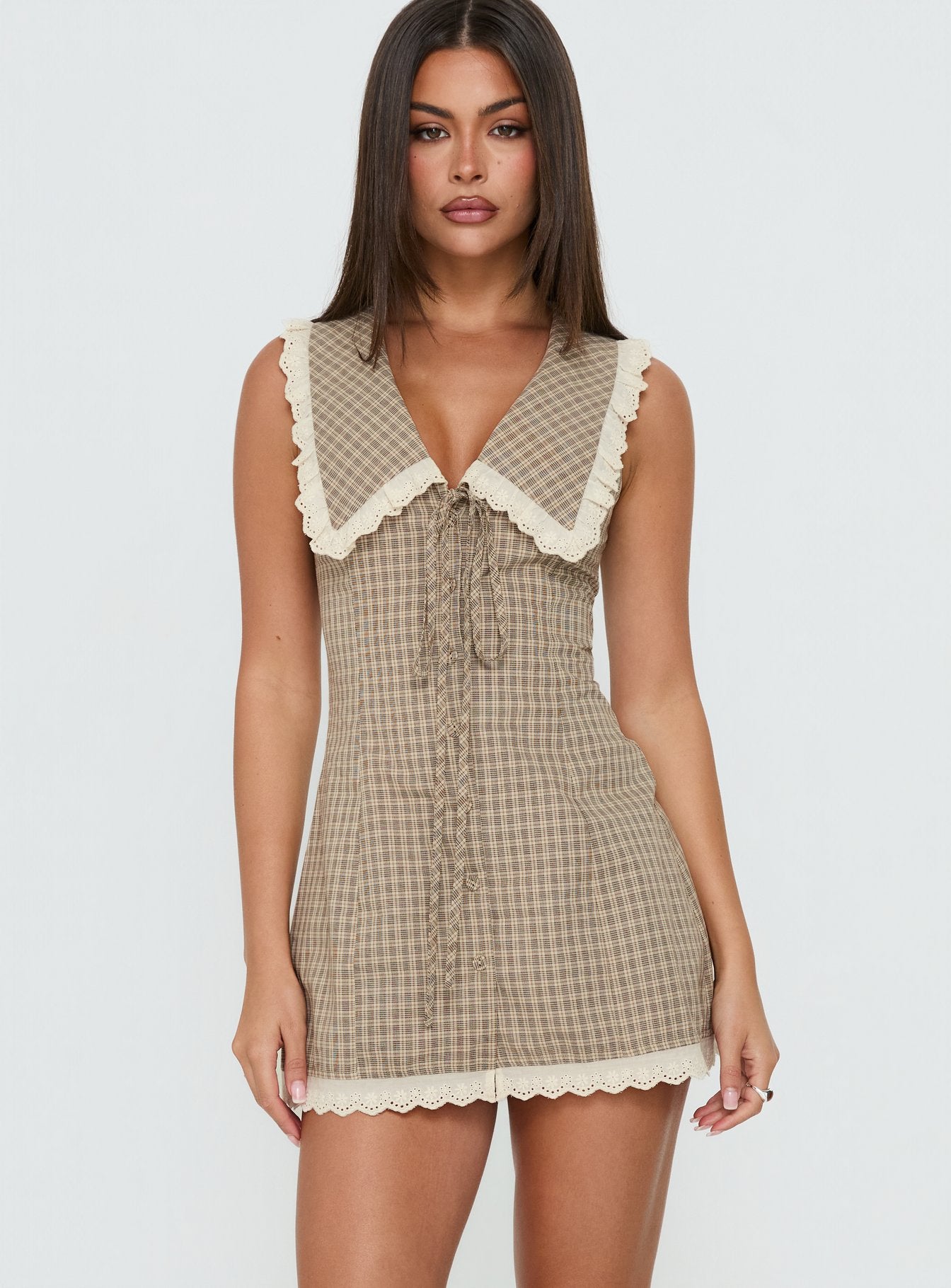 Mayci Collared Lace Trim Playsuit Brown Check