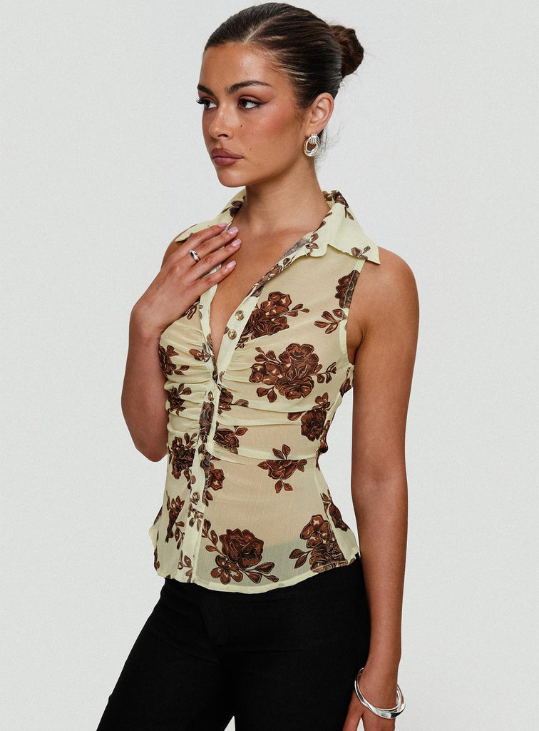 Present Tense Sheer Ruched Top Yellow Floral | Princess Polly