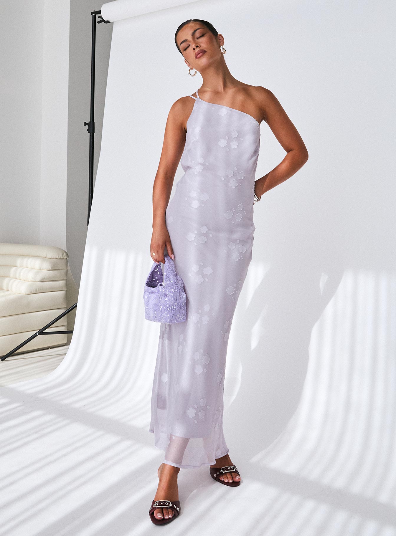 front view of model wearing Princess Polly Jazmira One Shoulder Maxi Dress Lilac Asymmetric Neckline 