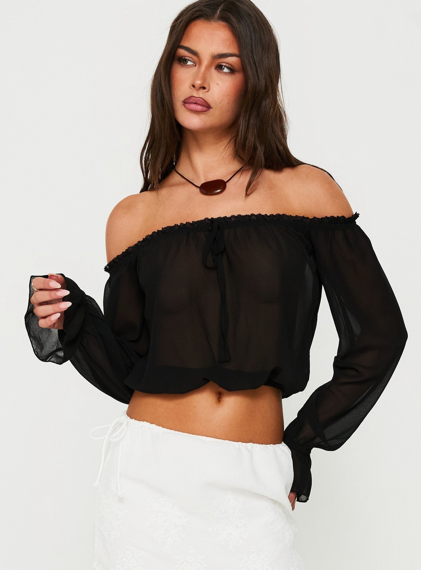 Mariya Off Shoulder Long Sleeve Top Black | Princess Polly