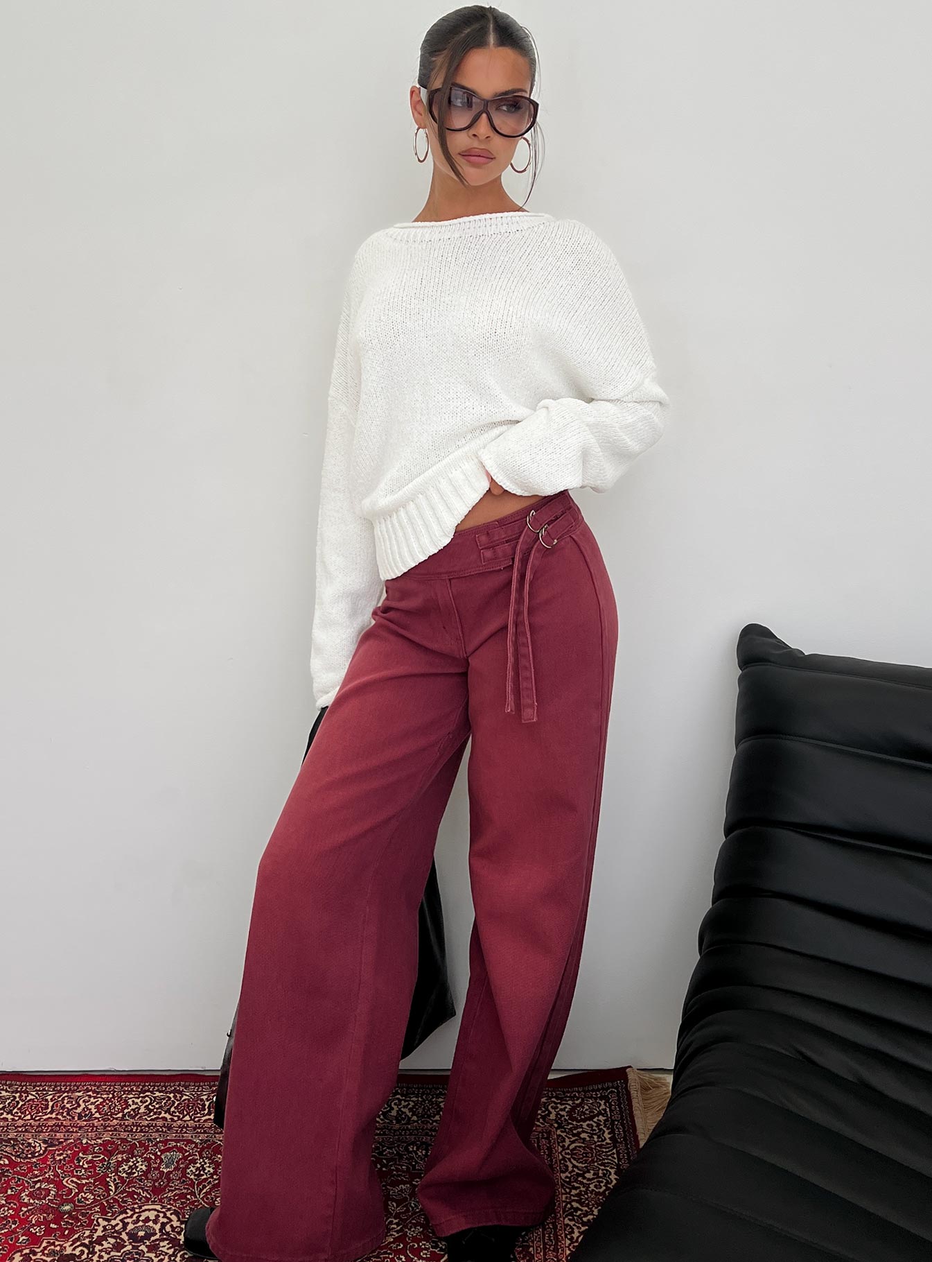 front view of model wearing Princess Polly Boxie Mid Rise Wide Leg Jeans Washed Burgundy Mid Rise Jeans 