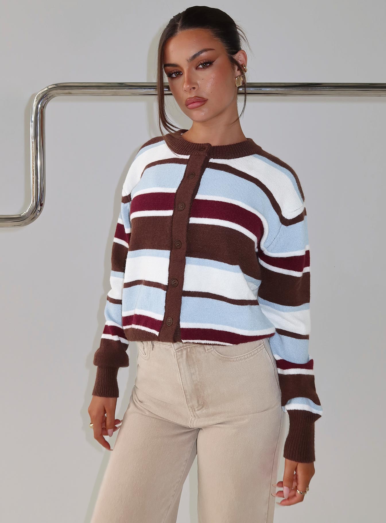 Soline Knit Cardigan Blue / Brown Stripe | Princess Polly