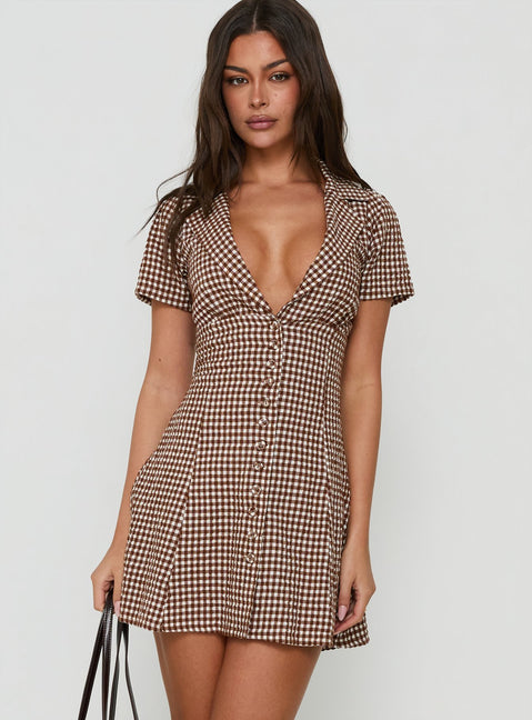 Pique Button Down Mini Dress Brown Gingham