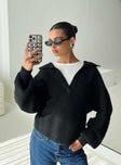 front view of model wearing Princess Polly Bella Notched Neck Sweater Black Cropped 