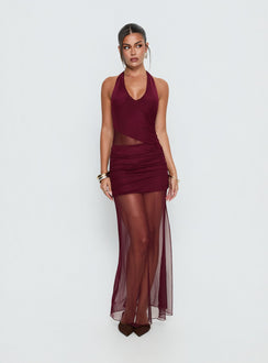 Desta Halter Sheer Maxi Dress Burgundy | Princess Polly