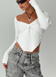 Long sleeve top Knit material, twist detail at bust, top hem angles down  Good stretch, unlined