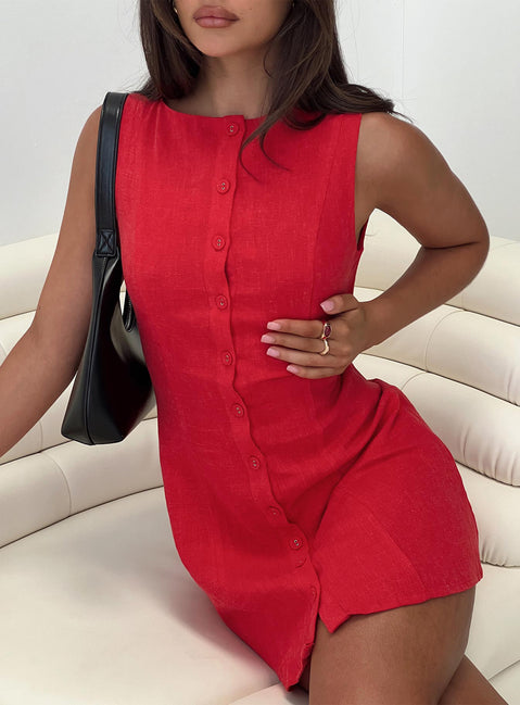 Dollie Linen Mini Dress Red | Princess Polly Dollie Linen Mini Dress Red | Princess Polly