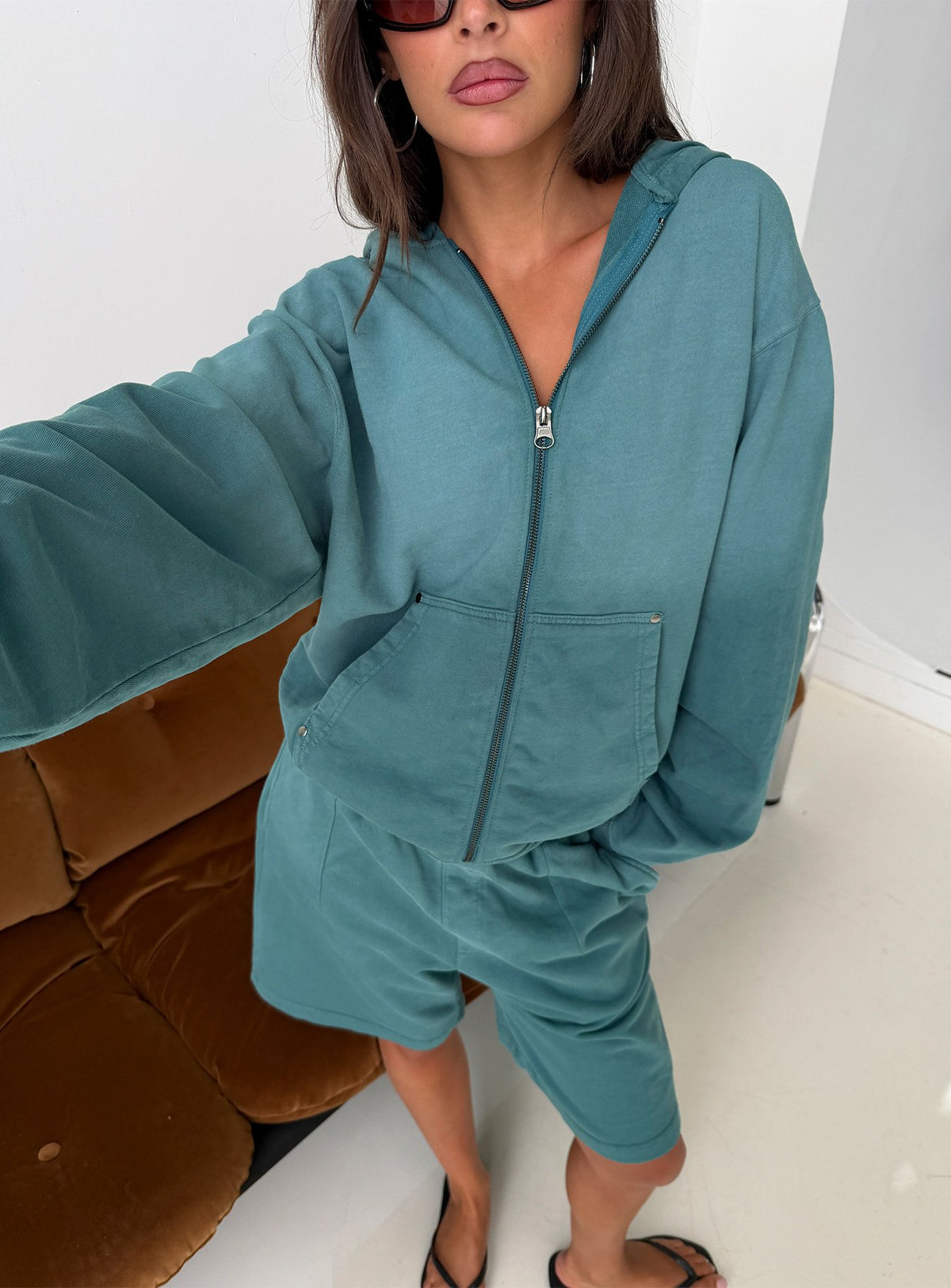 AT Zip Through Oversized Hoodie Washed Teal