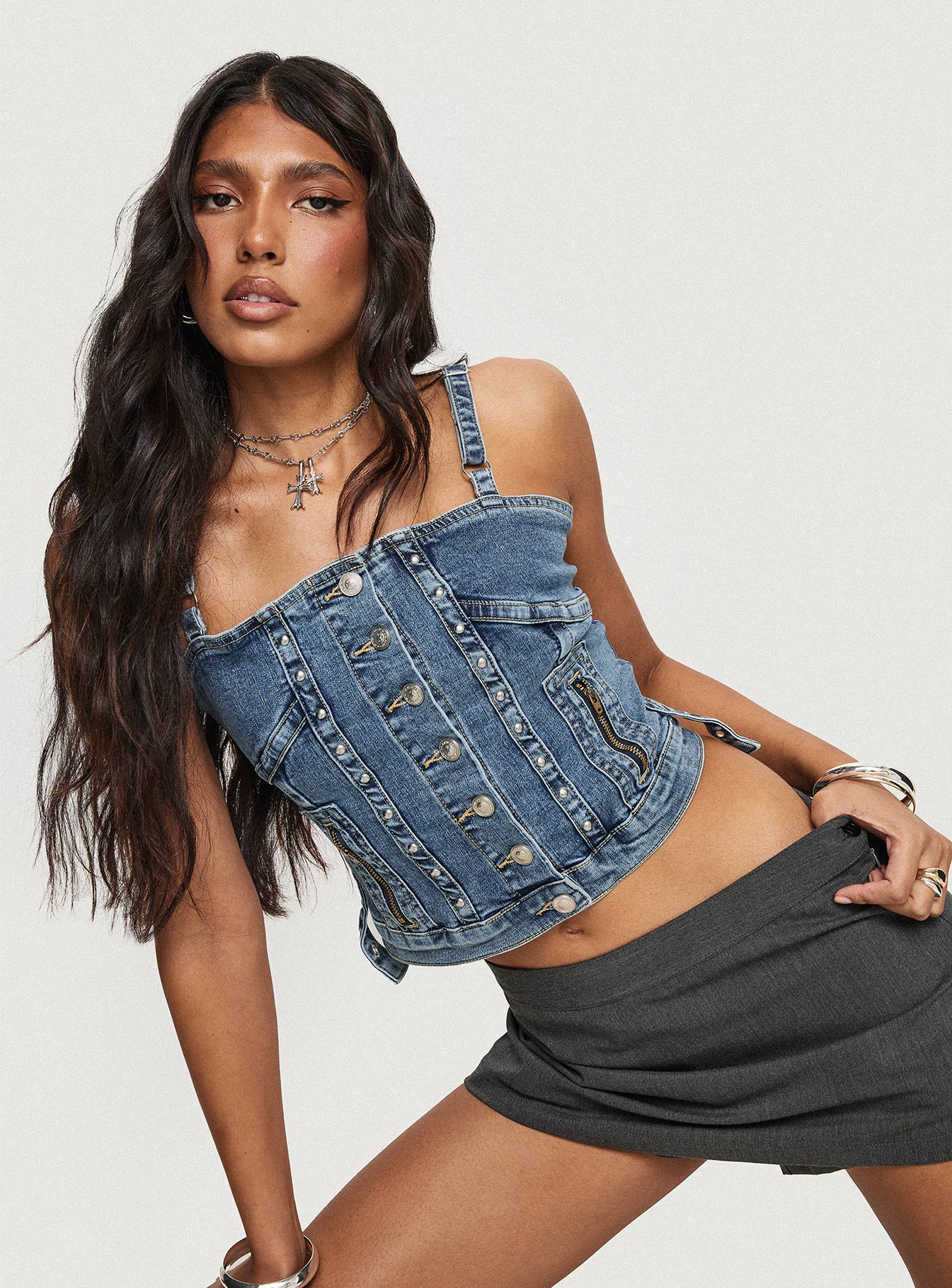 back view of model wearing Princess Polly Yappa Denim Top Mid Wash Sleeveless Square Neck 