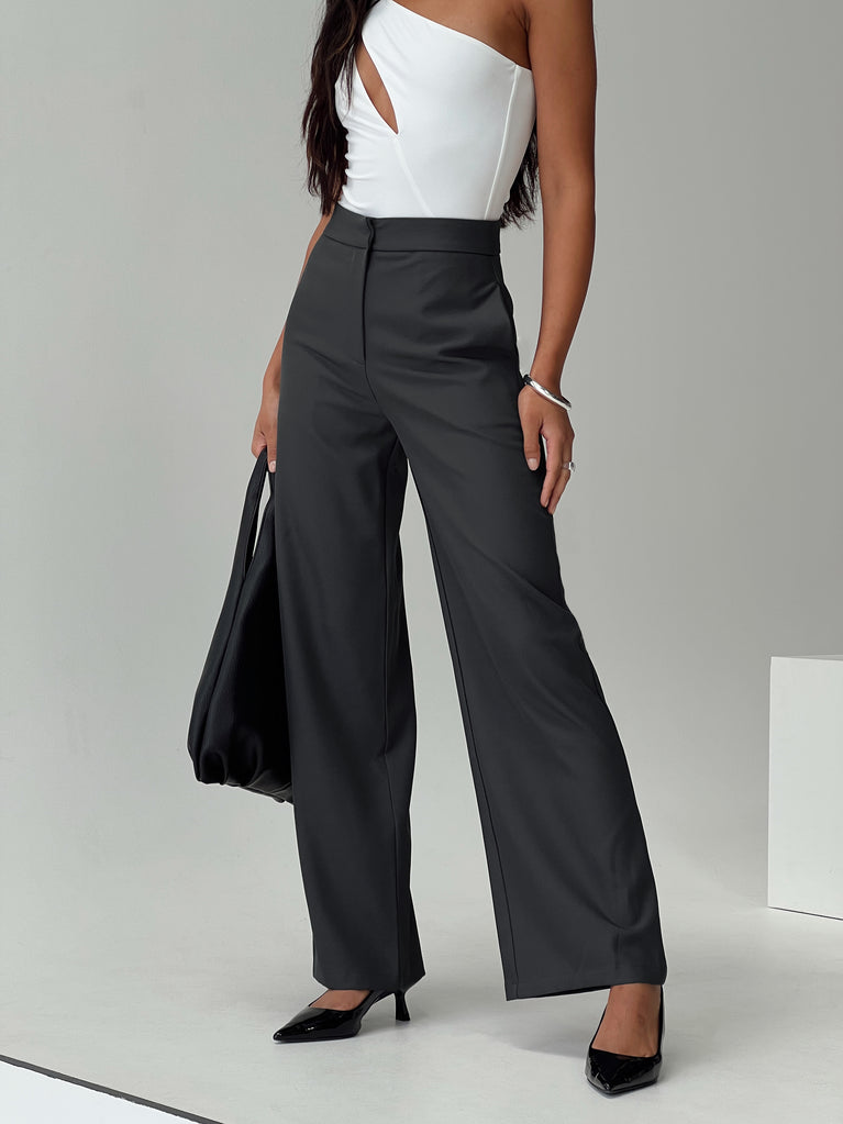 side view of model wearing Princess Polly Burnette Pants Slate High Waisted Pants 