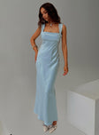 side view of model wearing Princess Polly Radioactive Bias Cut Maxi Dress Ice Blue Square Neck 