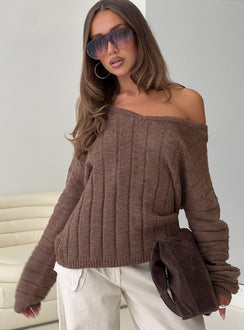 back view of model wearing Princess Polly Main Thing Knit Sweater Mocha 