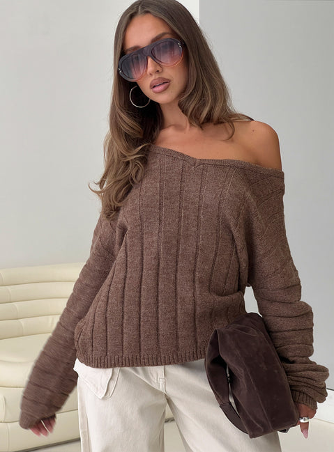 back view of model wearing Princess Polly Main Thing Knit Sweater Mocha 