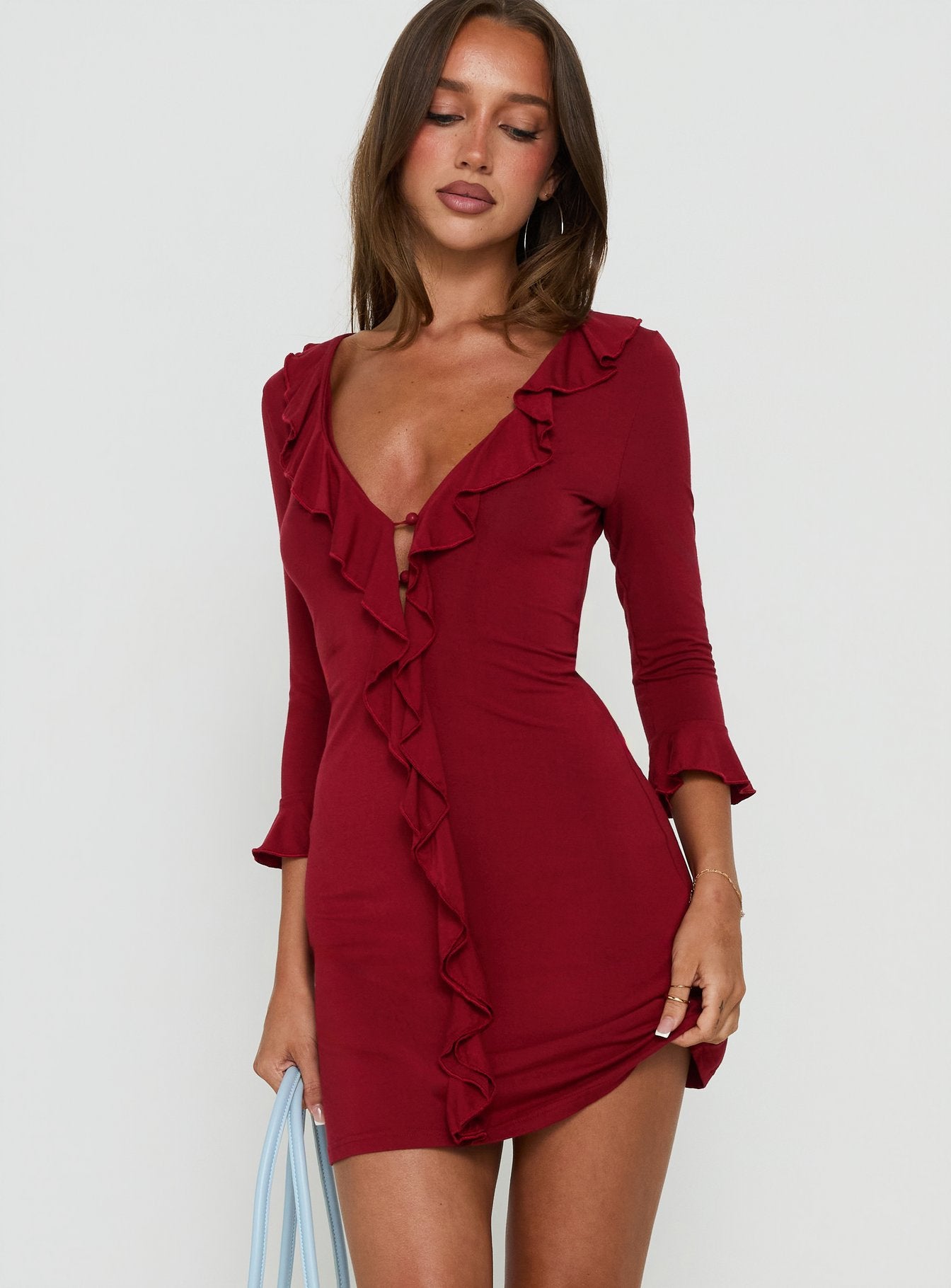 Venice Baby Knit Frill 3/4 Sleeve Mini Dress Wine | Princess Polly