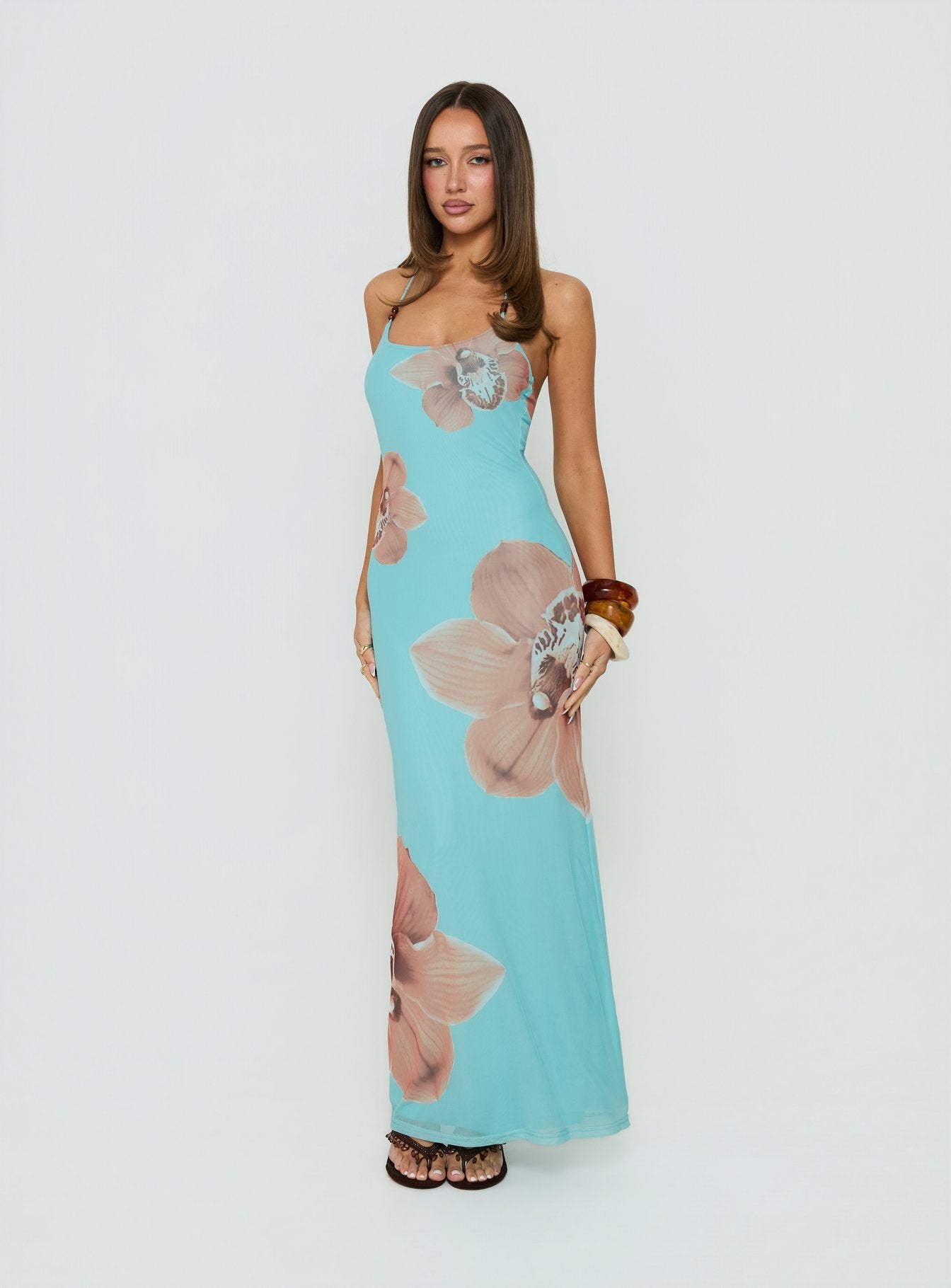 Kamina Beaded Halter Maxi Dress Turquoise