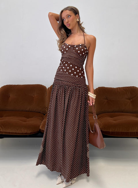 Marguerite Halter Maxi Dress | Brown Polka Dot | Womens | Princess Polly Lower Impact Marguerite Halter Maxi Dress | Brown Polka Dot | Womens | Princess Polly Lower Impact