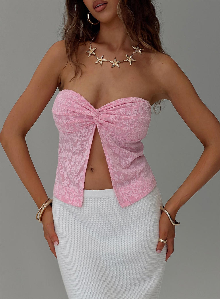 front view of model wearing Princess Polly Squeaky Strapless Top Pink Sleeveless Sweetheart 