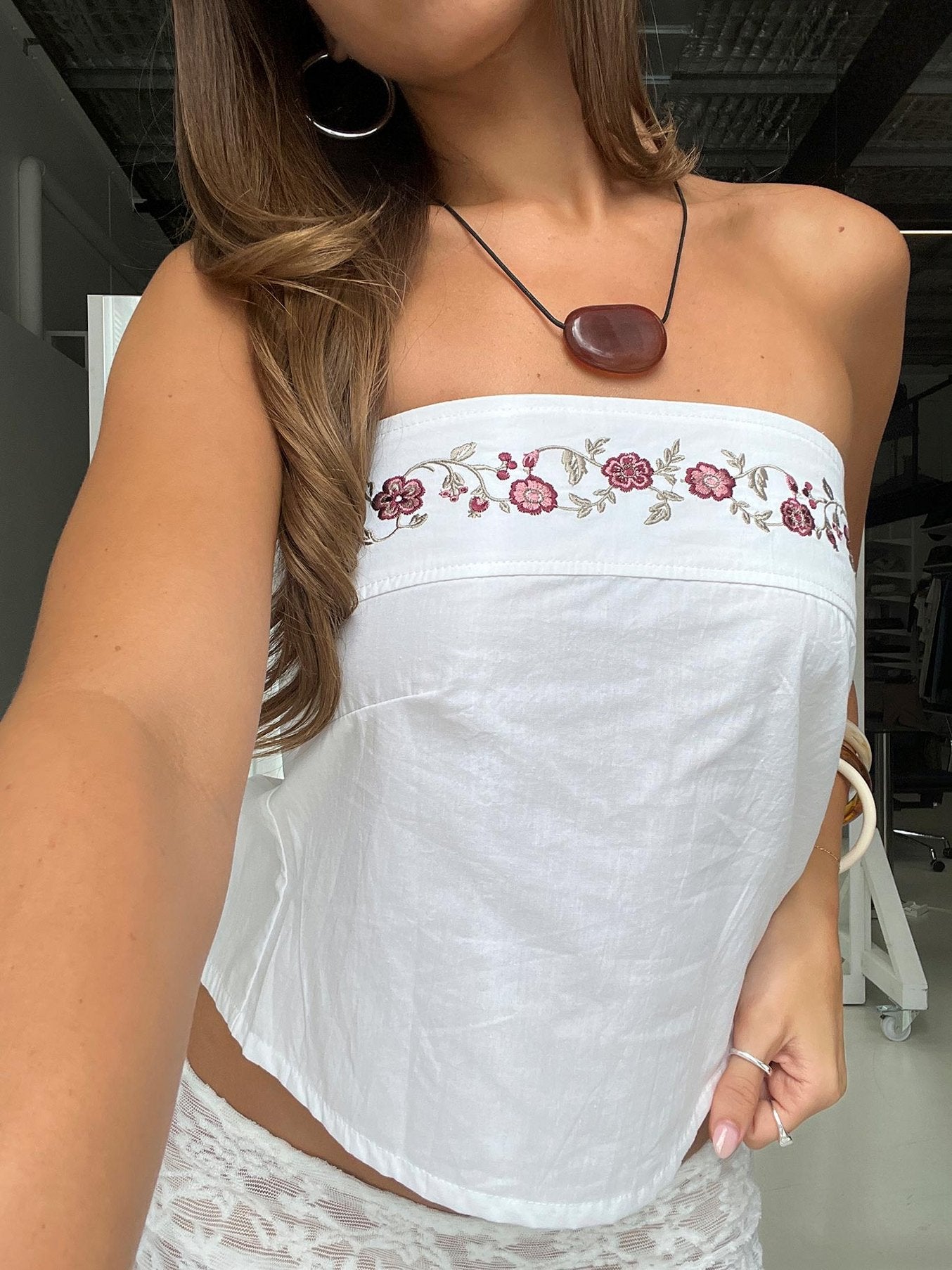 Ahera Floral Detail Strapless Top White