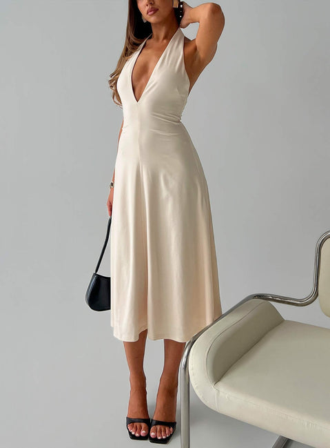 Morganne Halter Plunge Midi Dress Butter | Princess Polly Morganne Halter Plunge Midi Dress Butter | Princess Polly