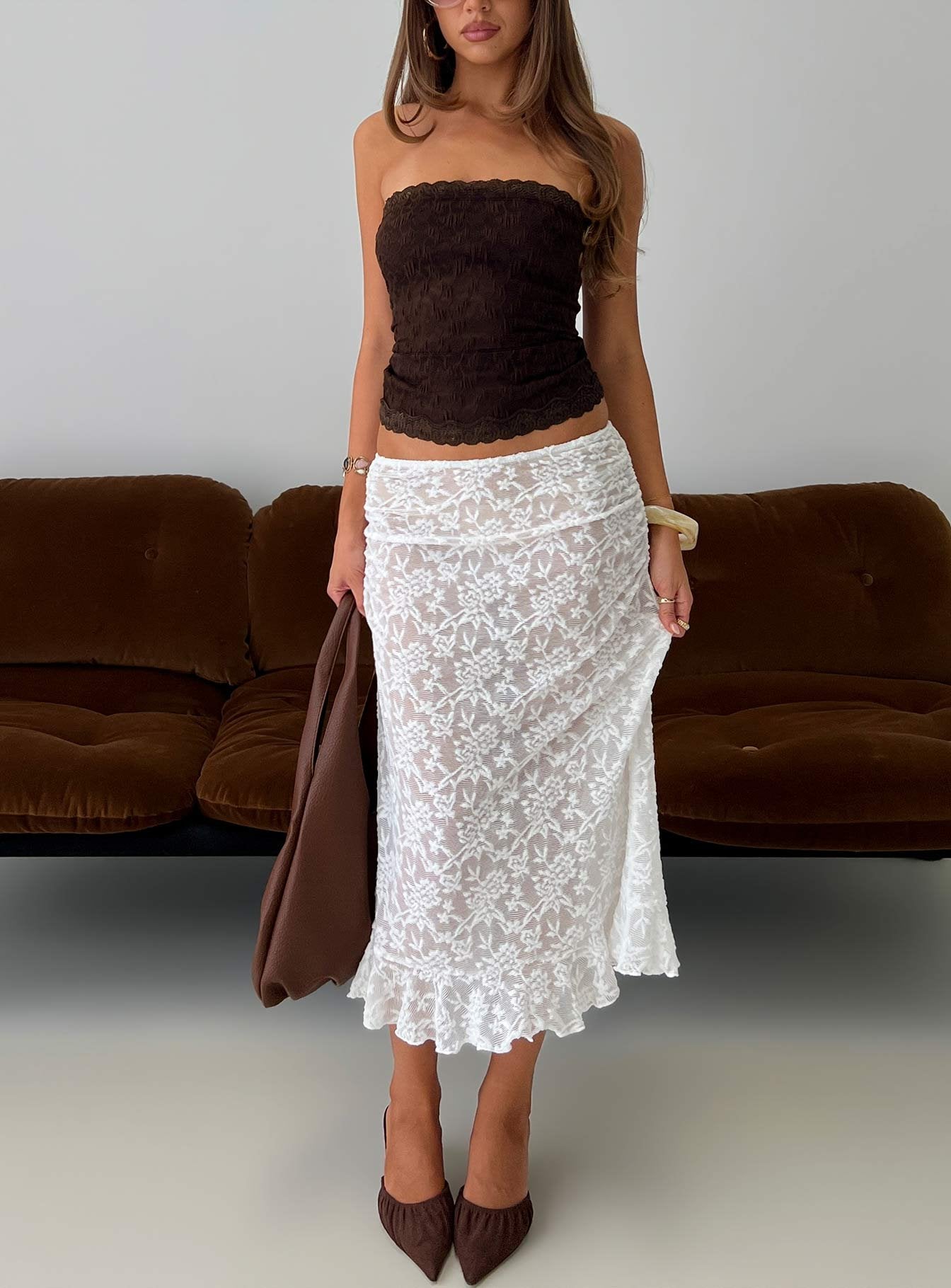 スカート girly lace frill skirt white Toscani Lace Frill Midi Skirt White | Princess Polly