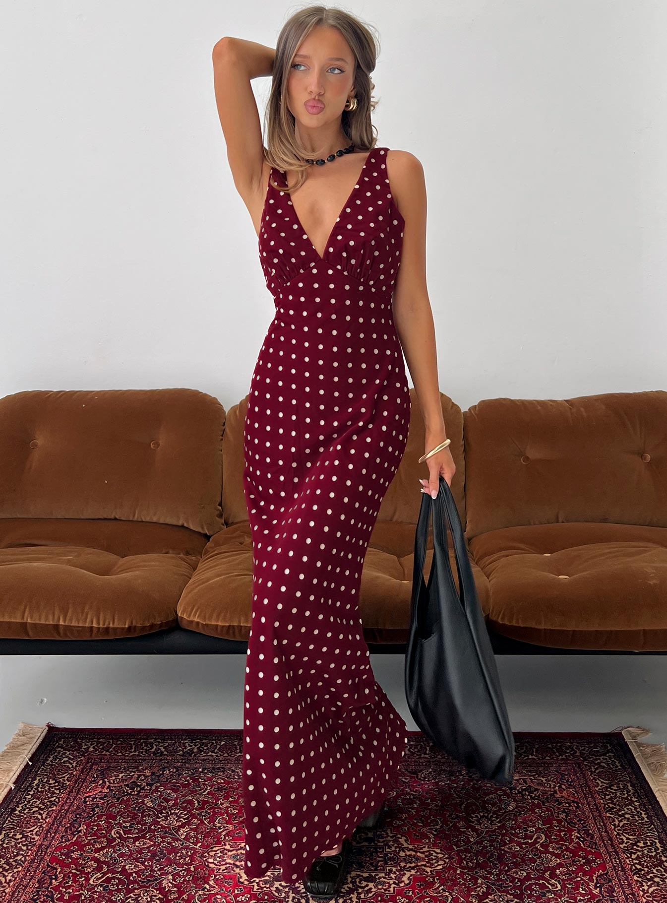 Nellie Maxi Dress Burgundy Polka Dot | Princess Polly Nellie Maxi Dress Burgundy Polka Dot | Princess Polly
