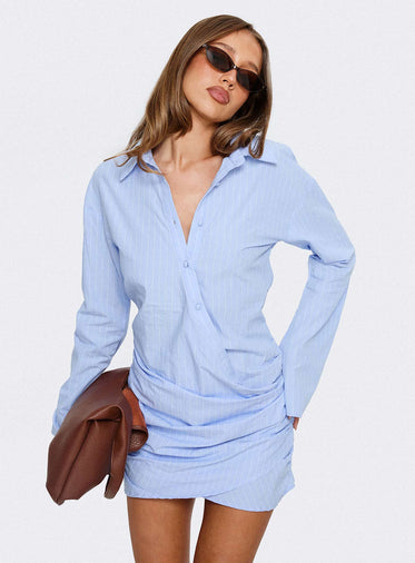 Well Versed Long Sleeve Ruched Shirt Mini Dress Blue