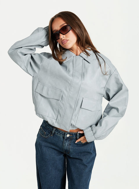 Soulstars Faux Leather Bomber Jacket Ice Blue